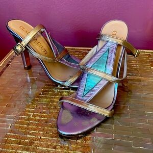 6.5 Claudia Ciuti pastel and gold leather strappy high heel sandals